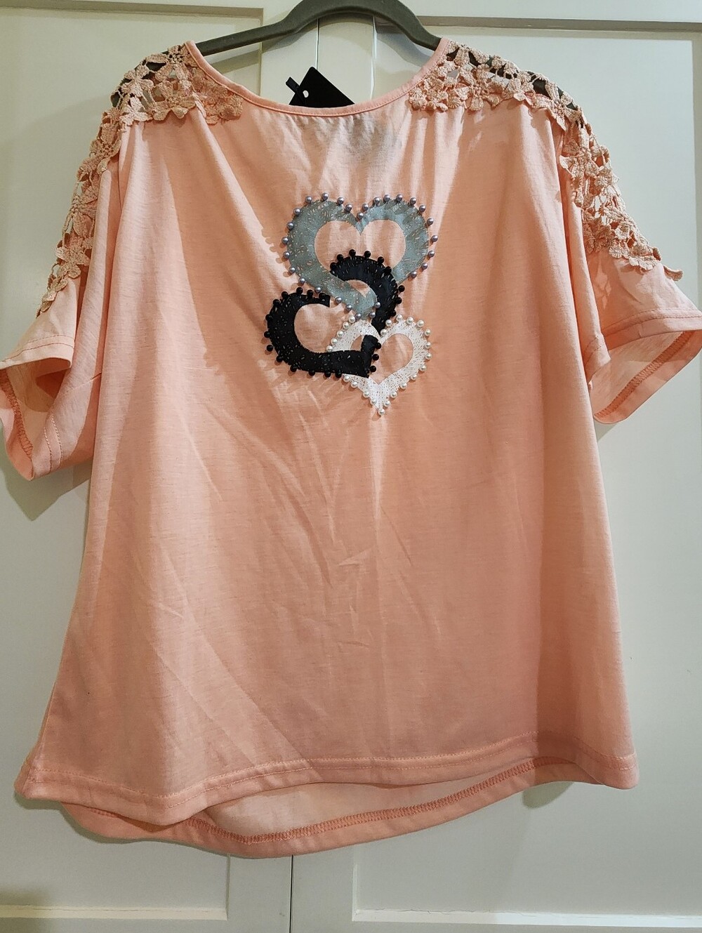 Women's Peach Short-Sleeve Lace Shoulder Tee with Heart Appliqués
